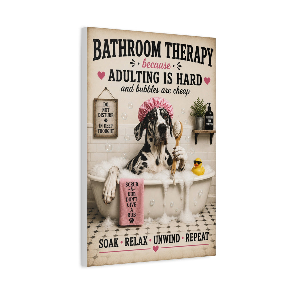 Funny Bathroom Therapy Canvas, Great Dane Dog Wall Art, Ready to Hang