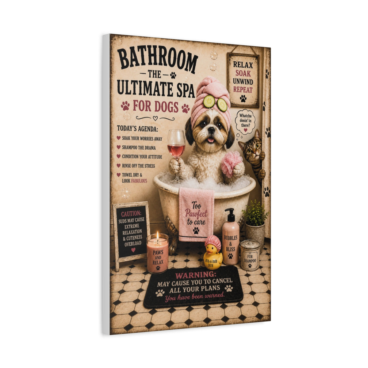 Funny Dog Spa Bathroom Canvas, Shih Tzu Wall Art, Ready to Hang