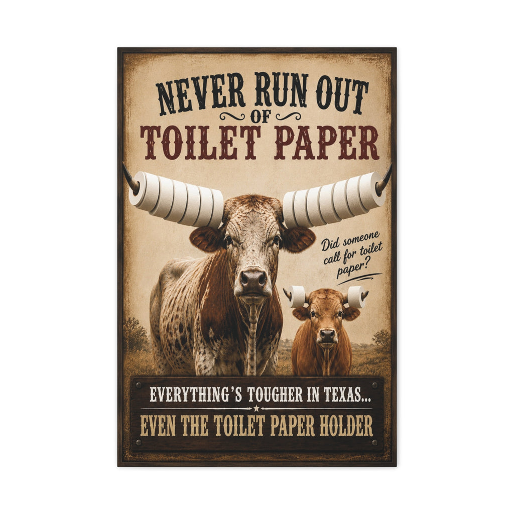 Funny Texas Bathroom Canvas, Longhorn Toilet Paper Wall Art, Ready to Hang