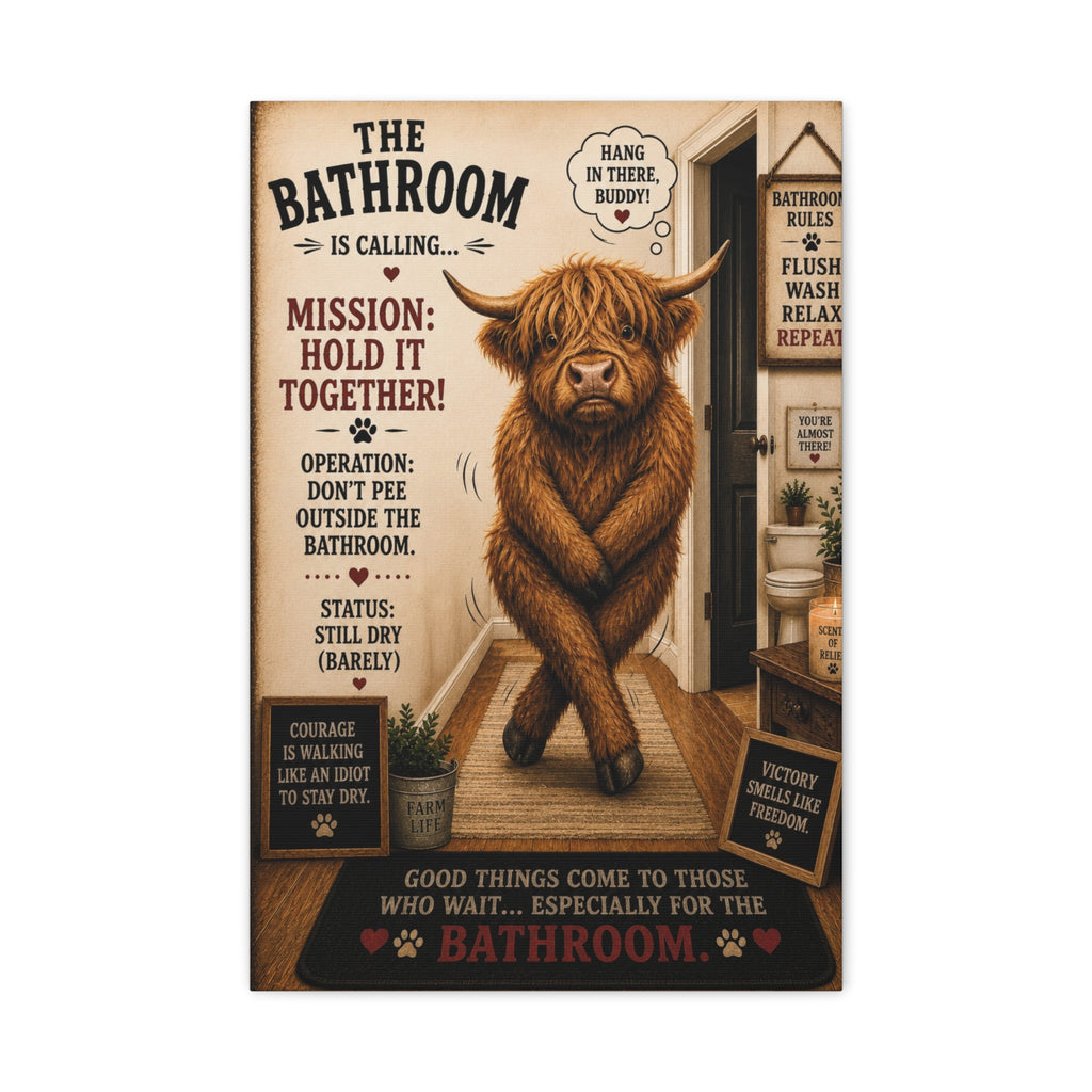 Funny Bathroom Canvas, Highland Cow Wall Art, Bathroom Is Calling, Ready to Hang