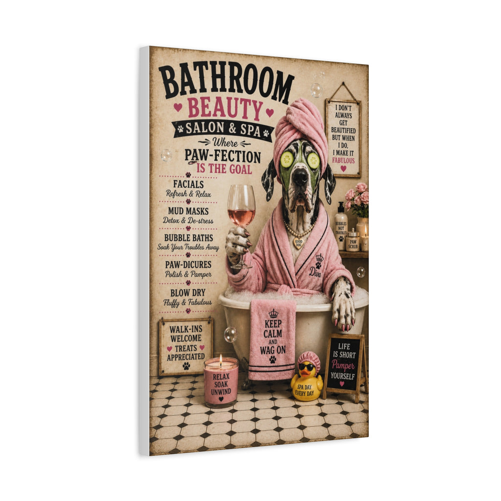 Funny Bathroom Beauty Canvas, Great Dane Dog Wall Art, Ready to Hang
