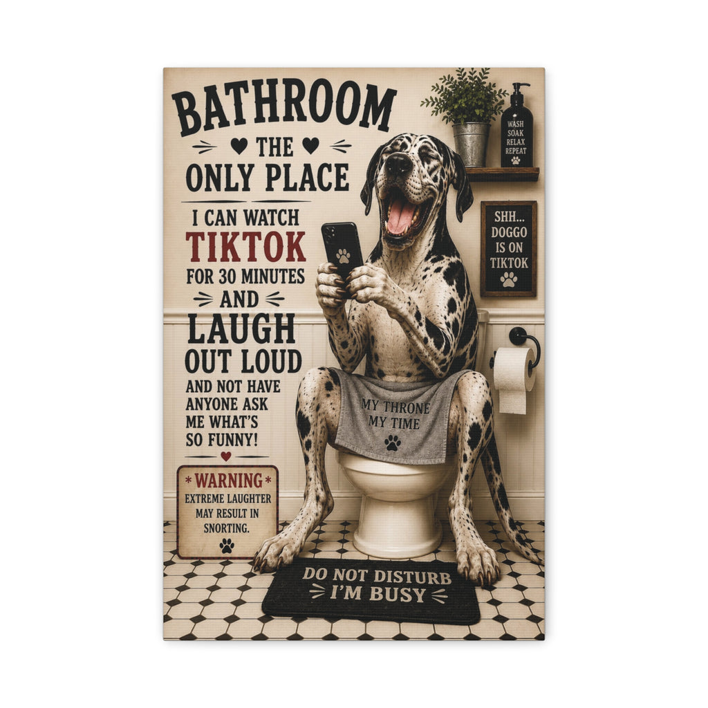Funny Bathroom Canvas, Dog on Toilet Wall Art, Ready to Hang