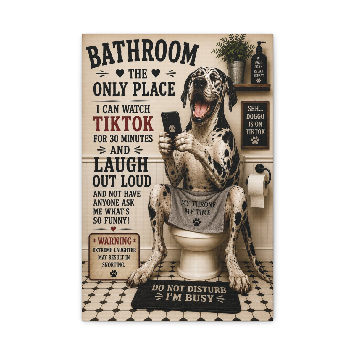 Funny Bathroom Canvas, Dog on Toilet Wall Art, Ready to Hang