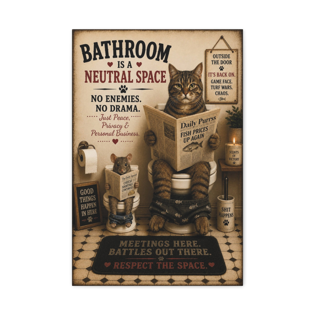 Funny Cat Bathroom Canvas, Cat and Mouse Wall Art, Ready to Hang