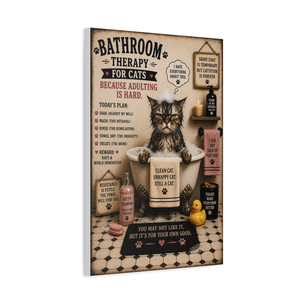 Funny Bathroom Therapy For Cats Canvas, Cat Wall Art, Ready to Hang