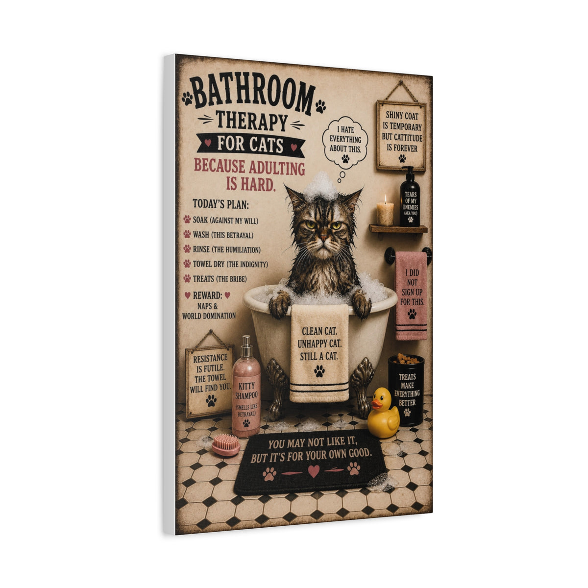 Funny Bathroom Therapy For Cats Canvas, Cat Wall Art, Ready to Hang