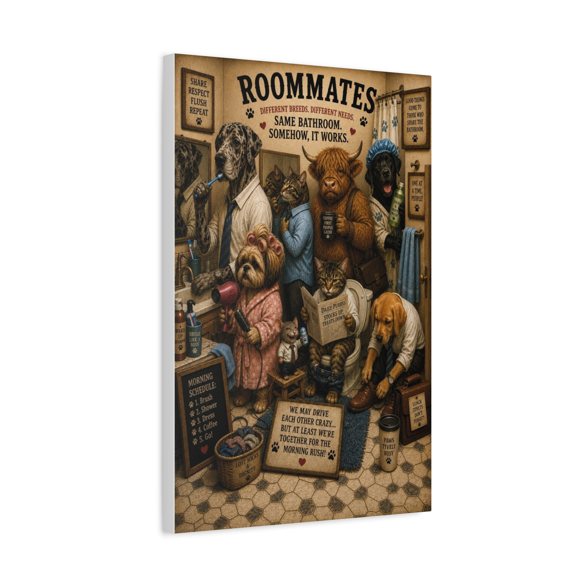 Funny Roommates Canvas, Dog and Cat Wall Art, Ready to Hang