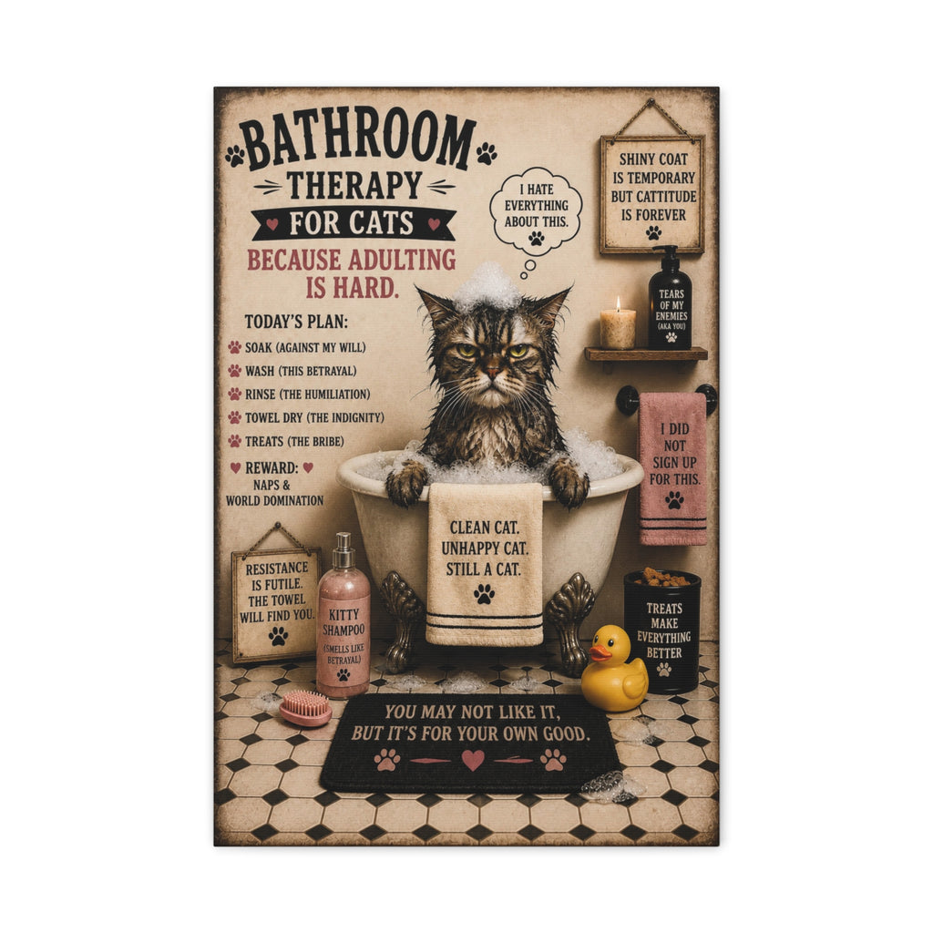 Funny Bathroom Therapy For Cats Canvas, Cat Wall Art, Ready to Hang