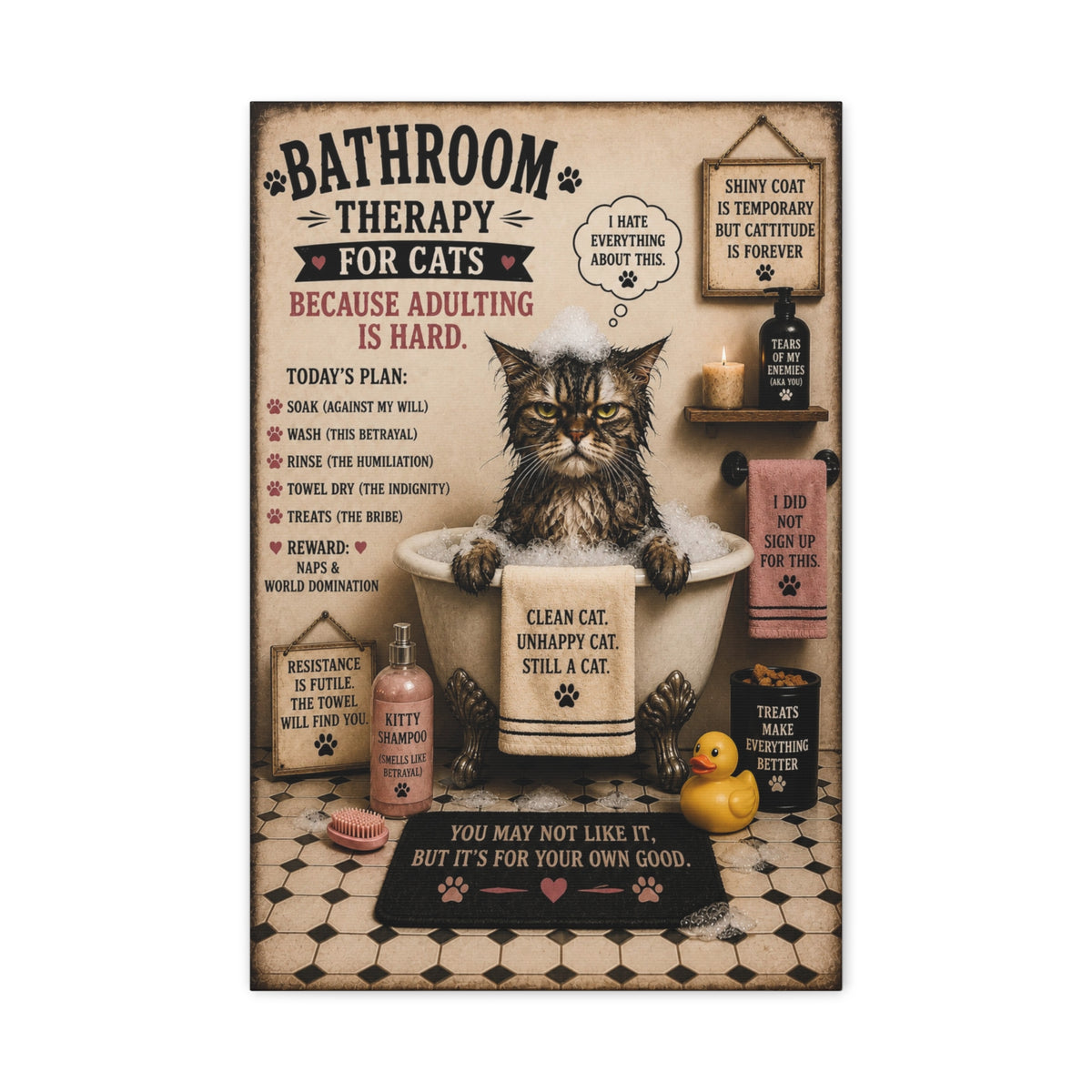 Funny Bathroom Therapy For Cats Canvas, Cat Wall Art, Ready to Hang