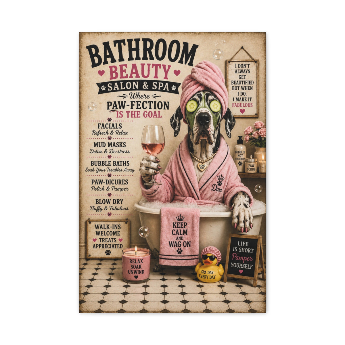 Funny Bathroom Beauty Canvas, Great Dane Dog Wall Art, Ready to Hang