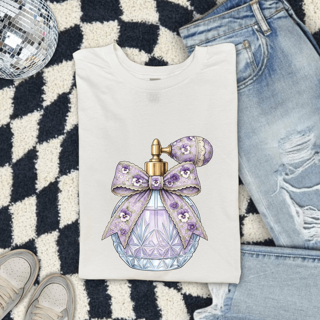 Vintage Perfume Bottle Tee – Purple Coquette Bow Graphic Tee
