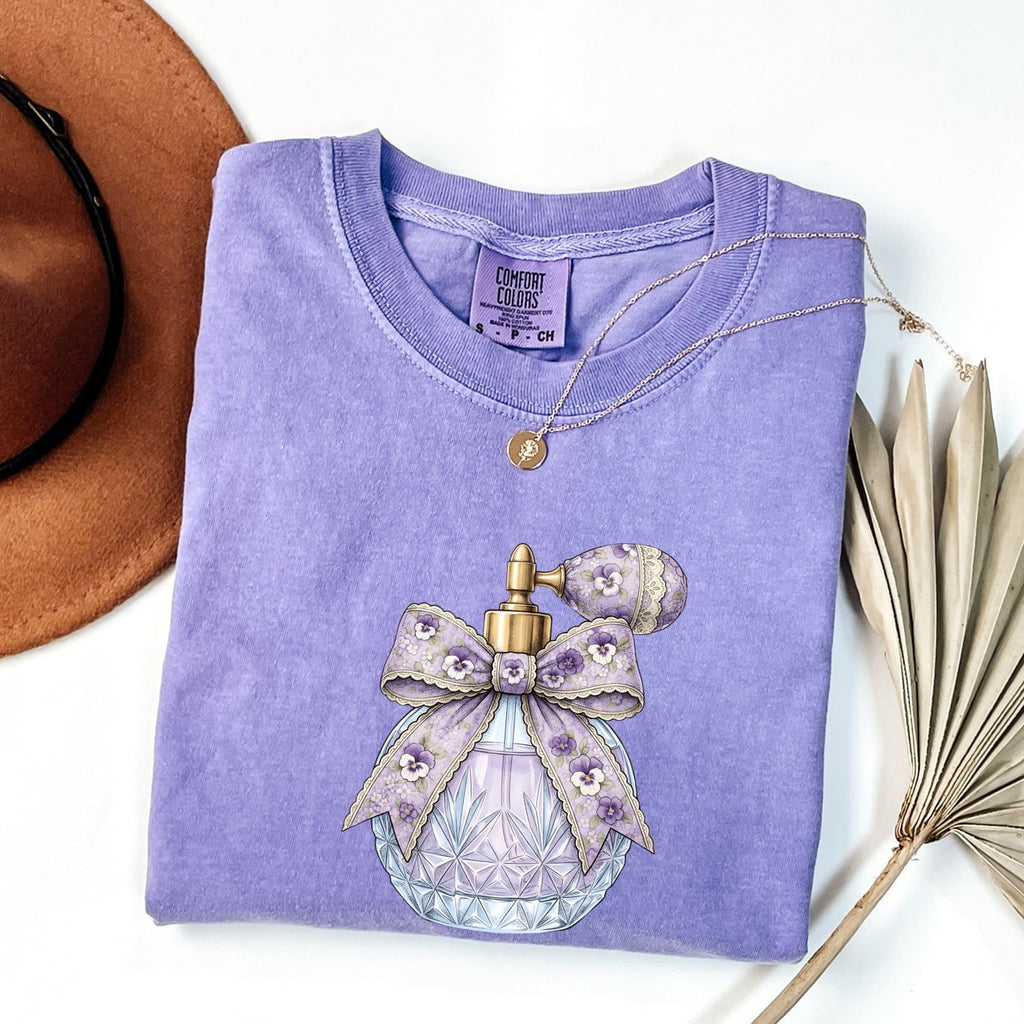 Vintage Perfume Bottle Tee – Purple Coquette Bow Graphic Tee