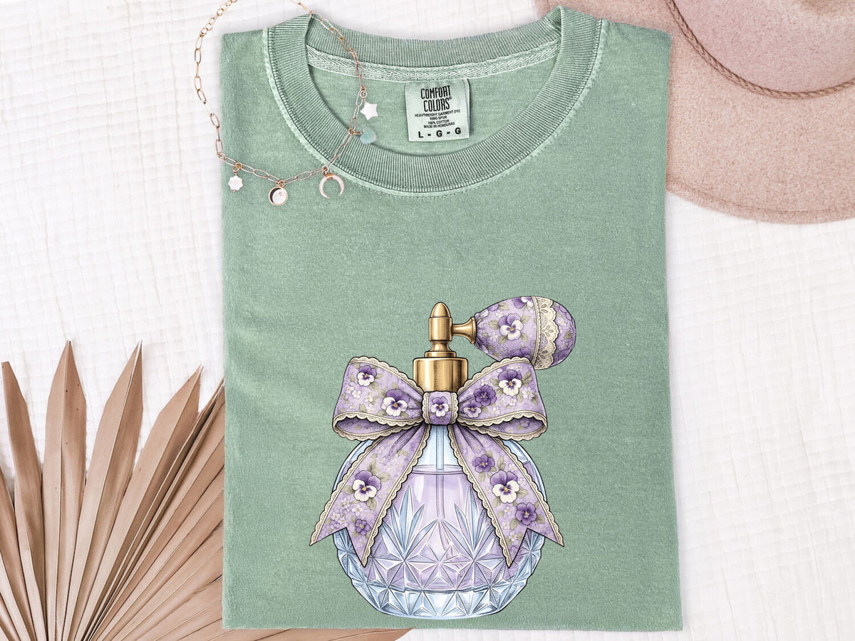 Vintage Perfume Bottle Tee – Purple Coquette Bow Graphic Tee
