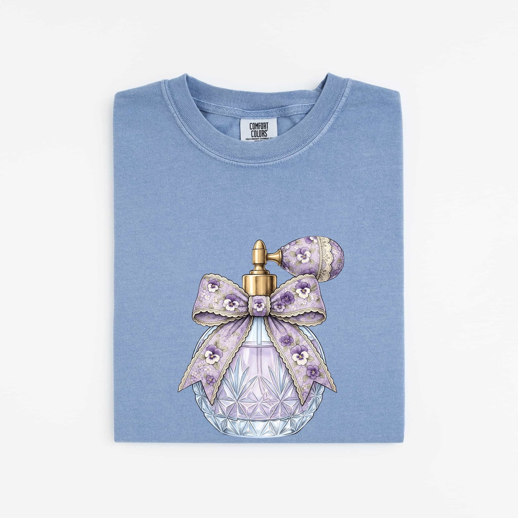 Vintage Perfume Bottle Tee – Purple Coquette Bow Graphic Tee