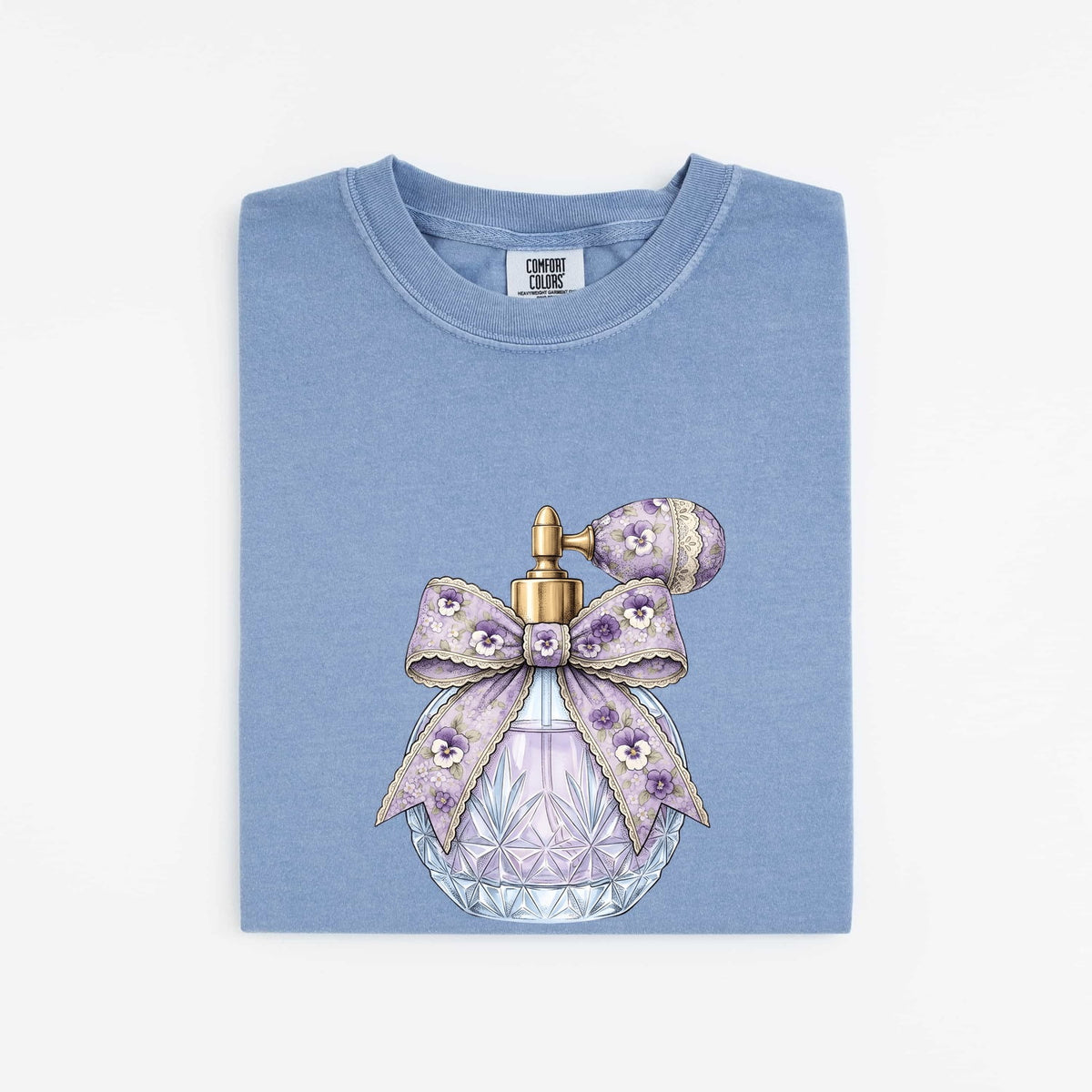 Vintage Perfume Bottle Tee – Purple Coquette Bow Graphic Tee