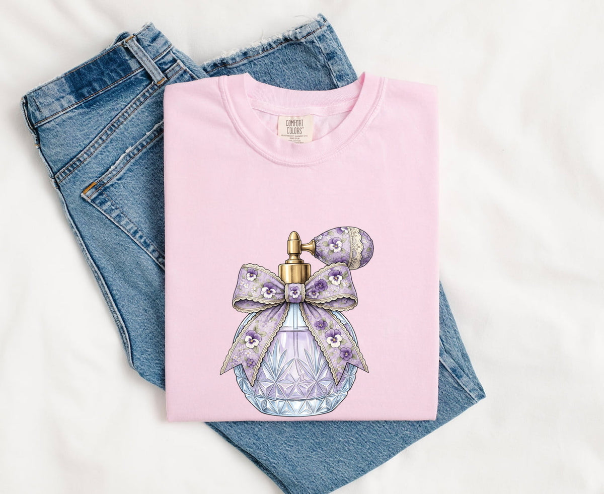 Vintage Perfume Bottle Tee – Purple Coquette Bow Graphic Tee