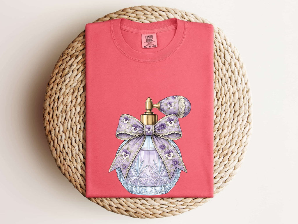 Vintage Perfume Bottle Tee – Purple Coquette Bow Graphic Tee