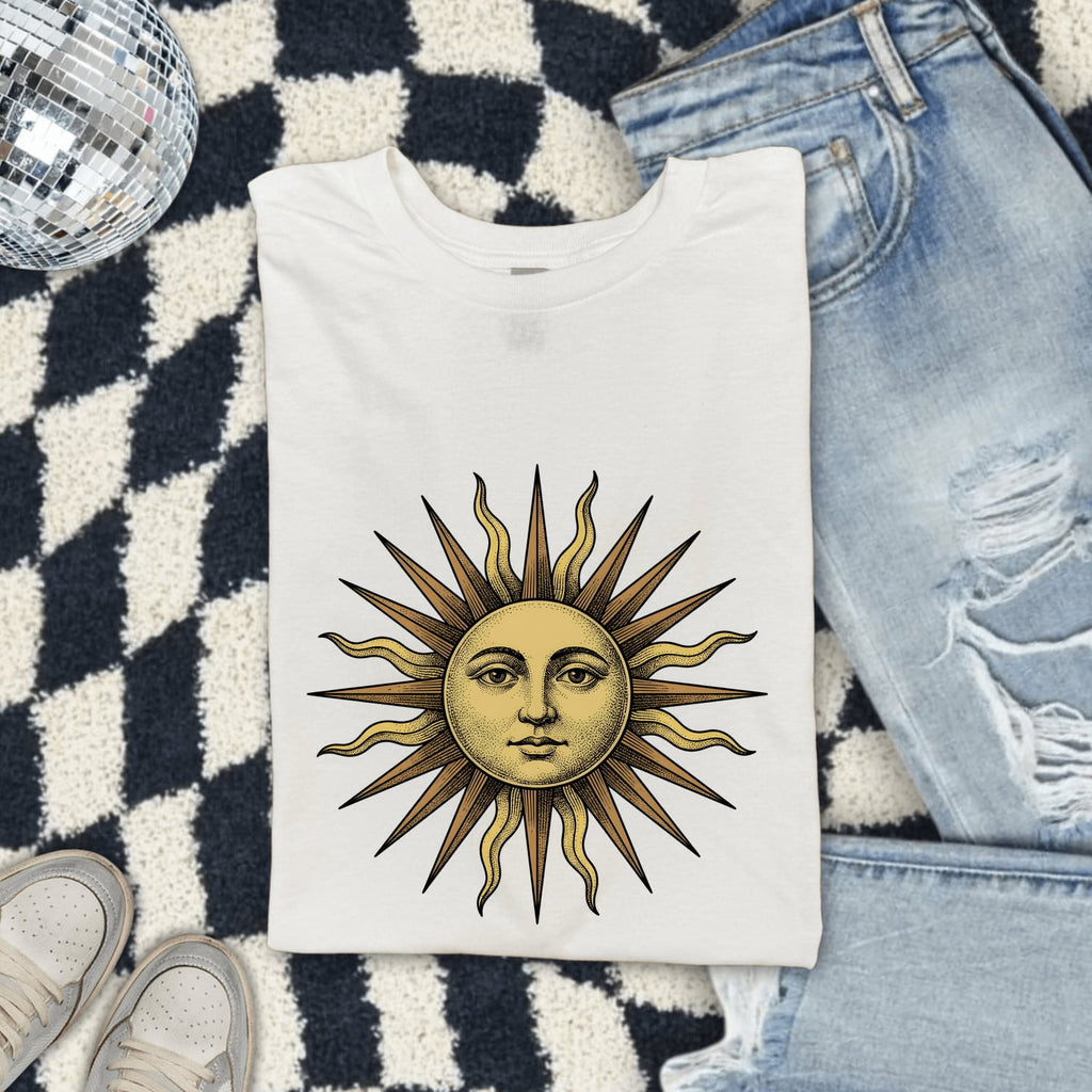 Vintage Celestial Sun Tee – Boho Sun Face Graphic Tee