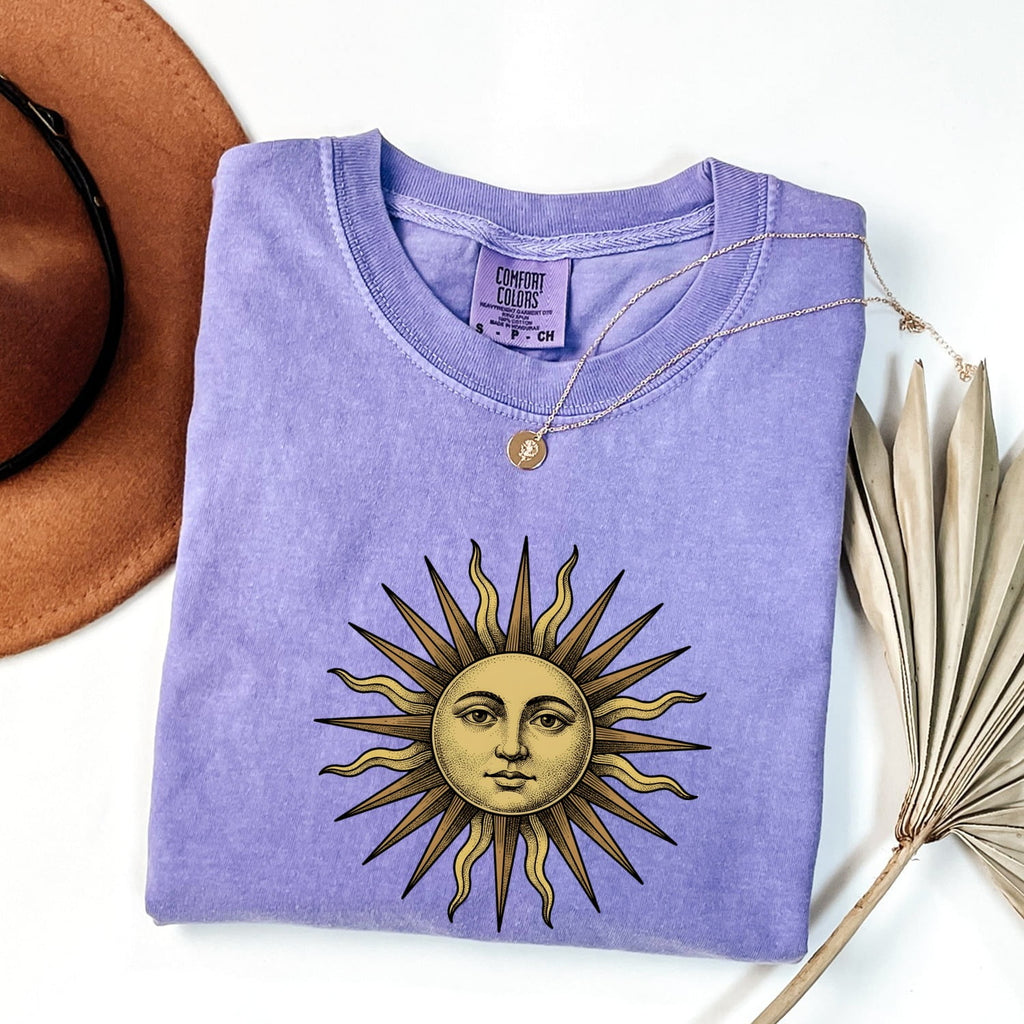 Vintage Celestial Sun Tee – Boho Sun Face Graphic Tee