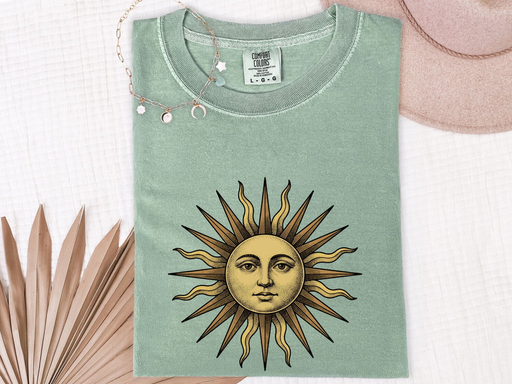 Vintage Celestial Sun Tee – Boho Sun Face Graphic Tee