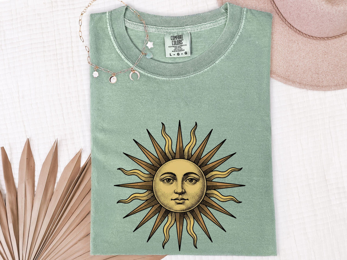 Vintage Celestial Sun Tee – Boho Sun Face Graphic Tee