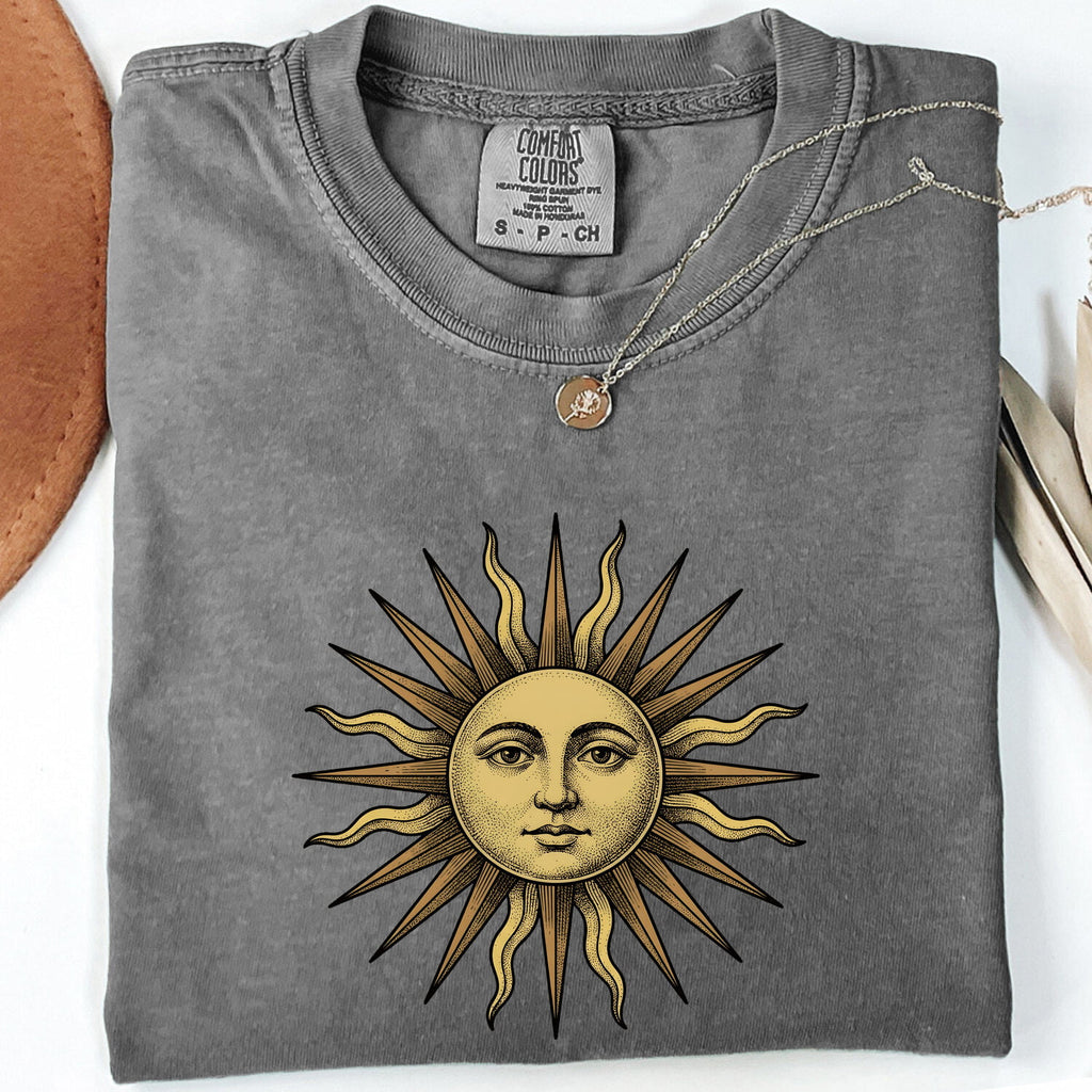 Vintage Celestial Sun Tee – Boho Sun Face Graphic Tee