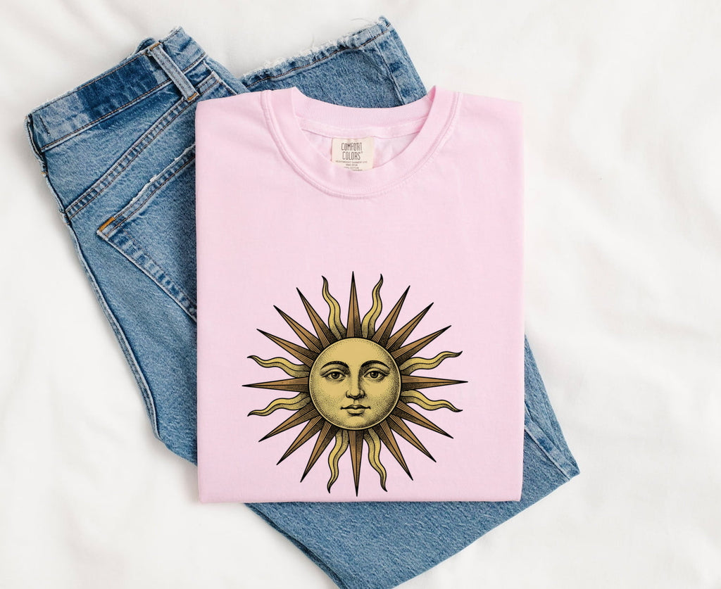 Vintage Celestial Sun Tee – Boho Sun Face Graphic Tee