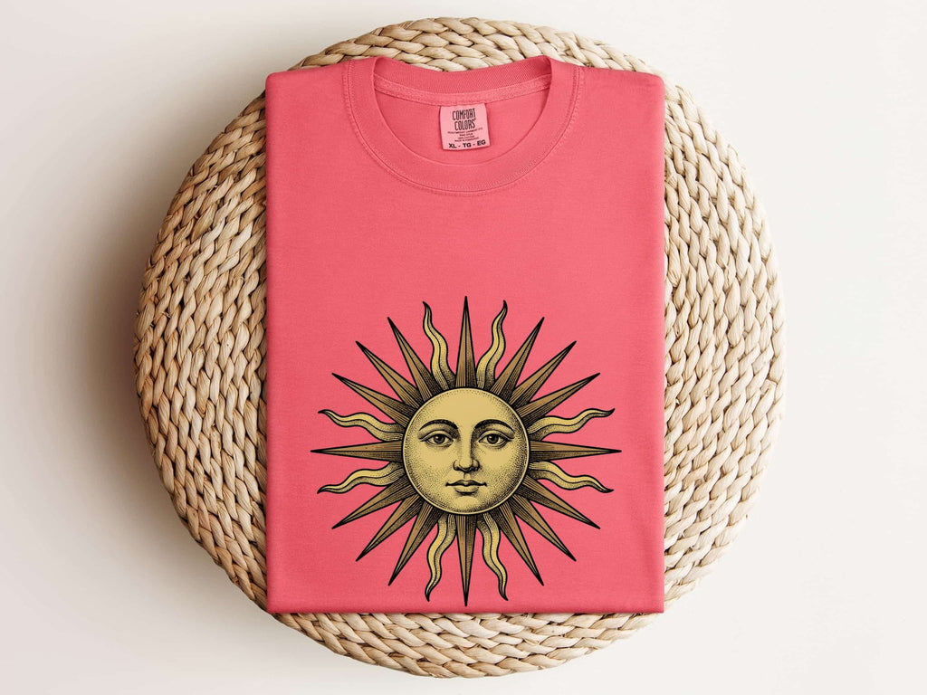 Vintage Celestial Sun Tee – Boho Sun Face Graphic Tee