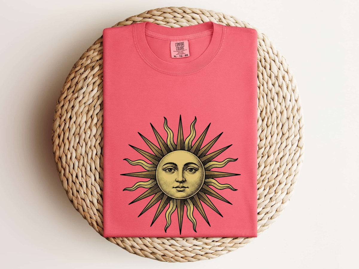 Vintage Celestial Sun Tee – Boho Sun Face Graphic Tee