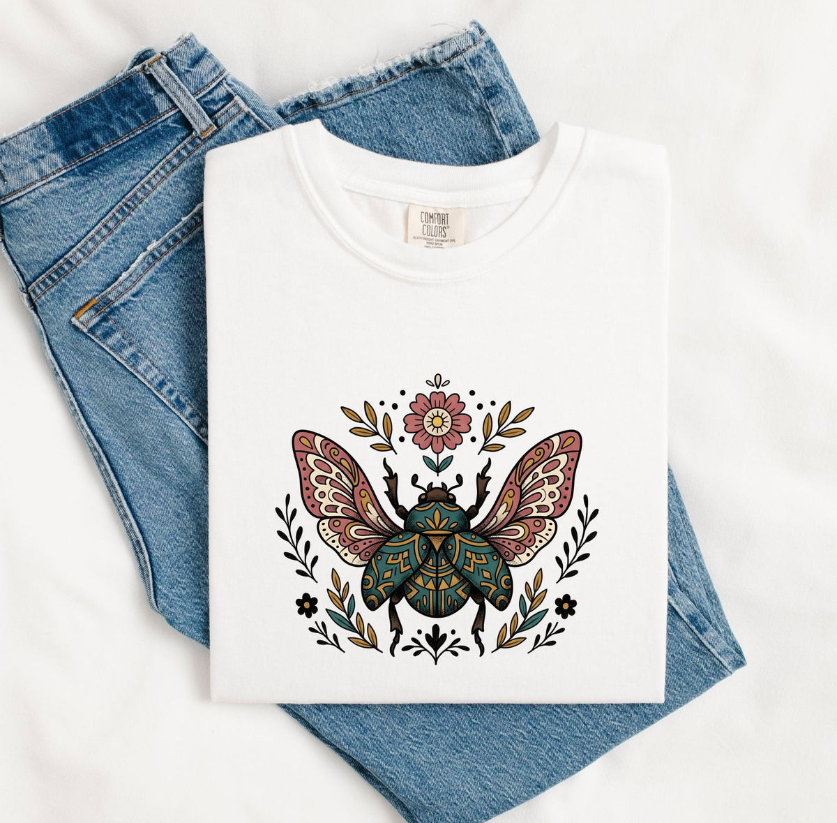 Boho Beetle Shirt – Botanical Insect Graphic Tee – Cottagecore Nature Tee – Vintage Folk Art Shirt – Bug Lover Gift
