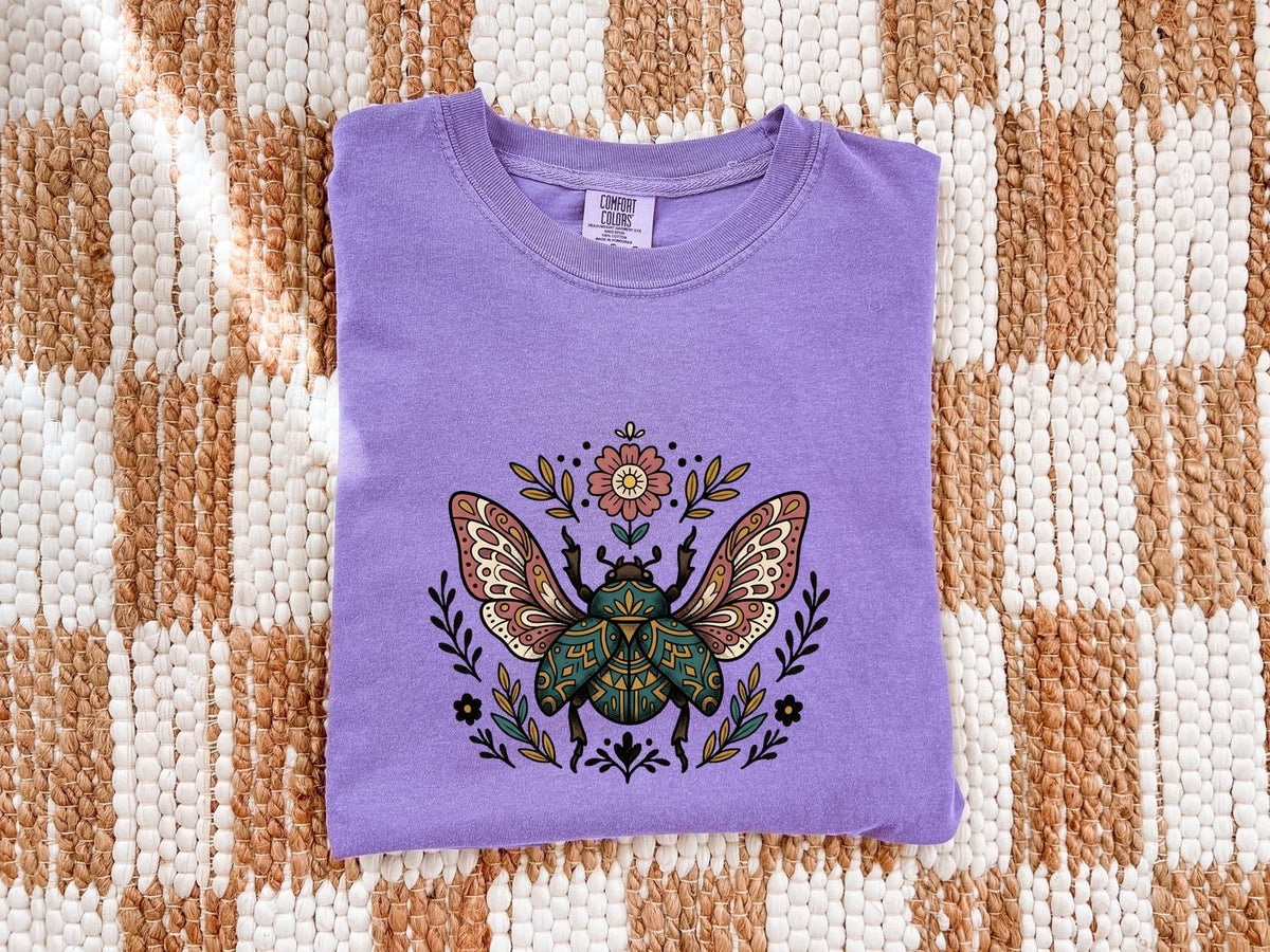 Boho Beetle Shirt – Botanical Insect Graphic Tee – Cottagecore Nature Tee – Vintage Folk Art Shirt – Bug Lover Gift