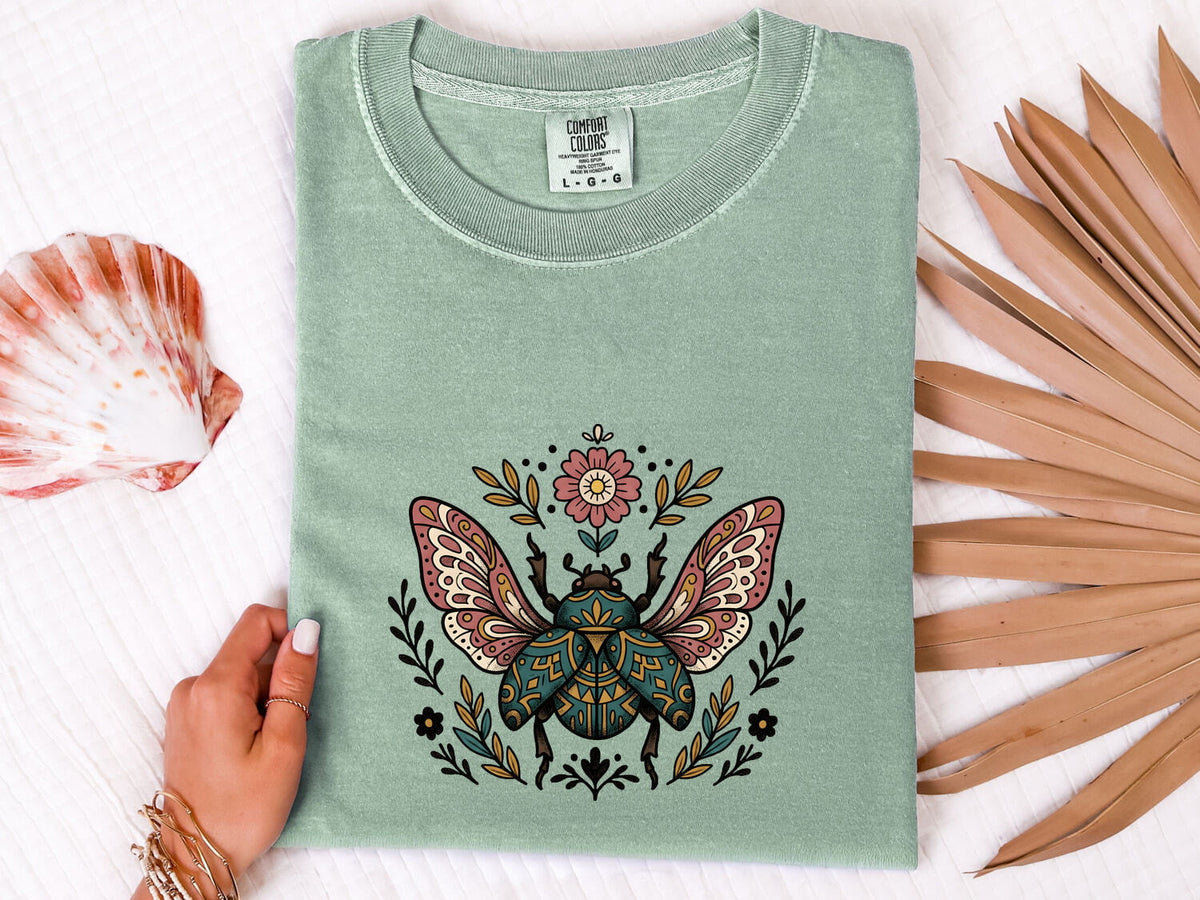 Boho Beetle Shirt – Botanical Insect Graphic Tee – Cottagecore Nature Tee – Vintage Folk Art Shirt – Bug Lover Gift