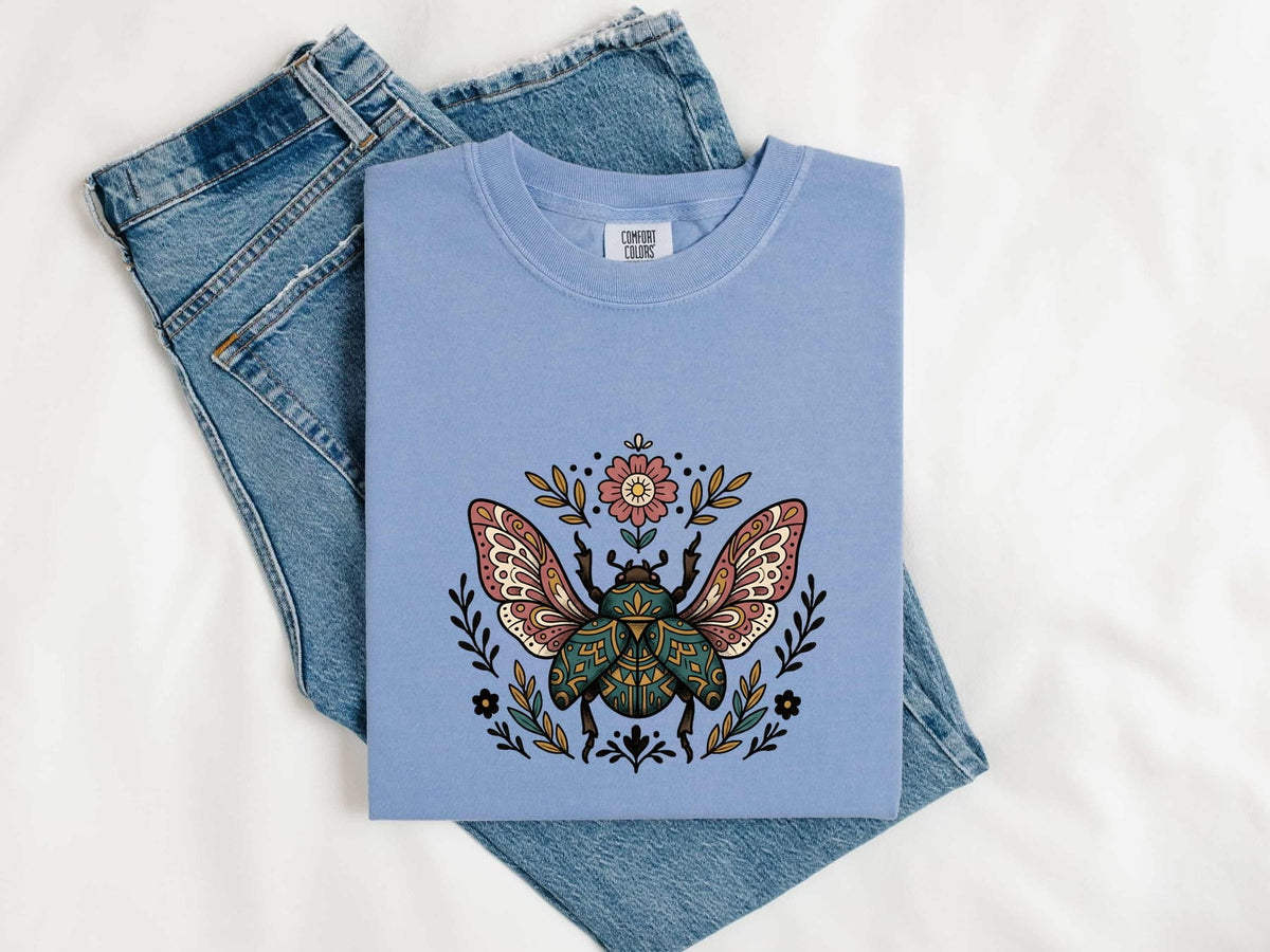 Boho Beetle Shirt – Botanical Insect Graphic Tee – Cottagecore Nature Tee – Vintage Folk Art Shirt – Bug Lover Gift