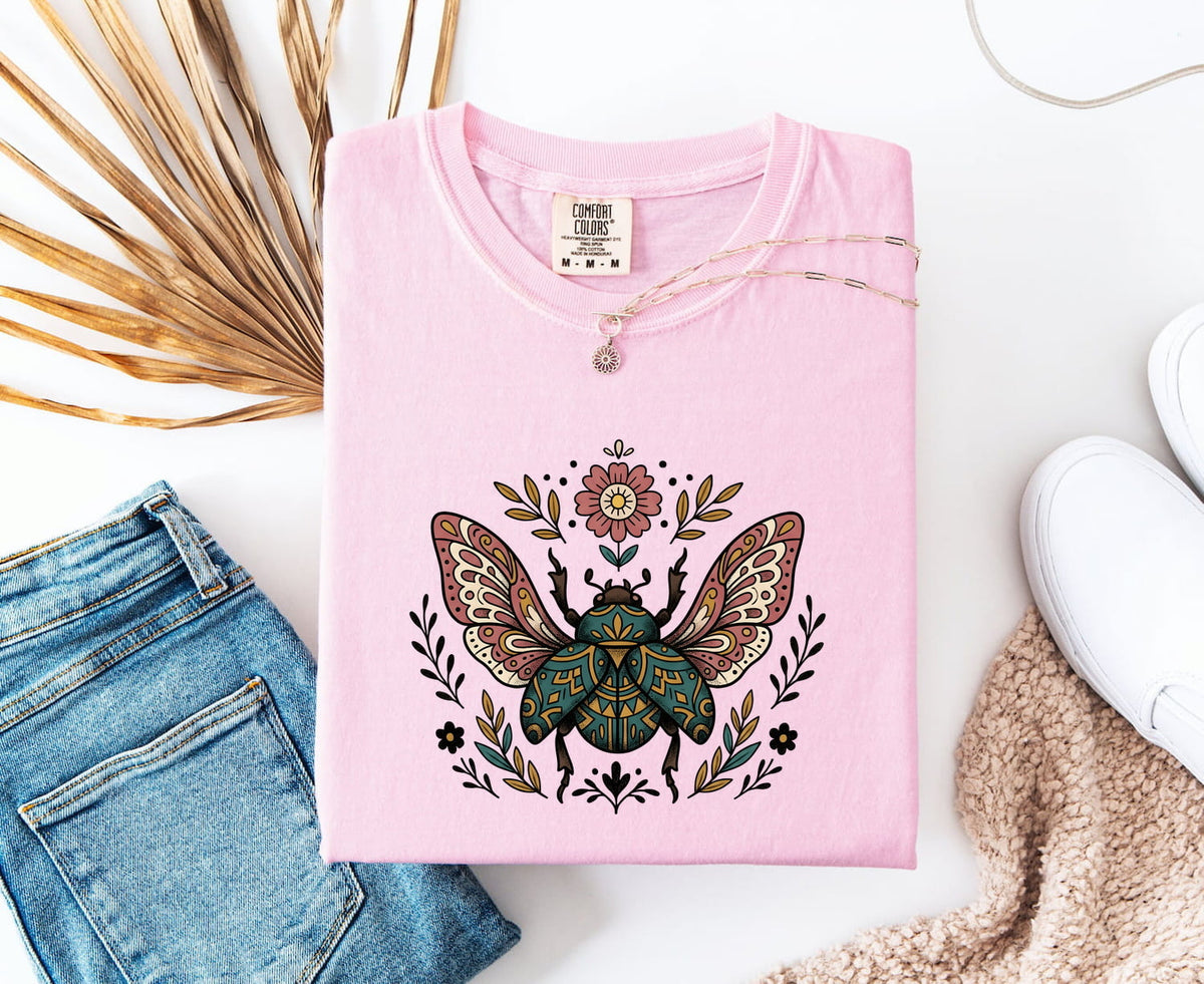 Boho Beetle Shirt – Botanical Insect Graphic Tee – Cottagecore Nature Tee – Vintage Folk Art Shirt – Bug Lover Gift