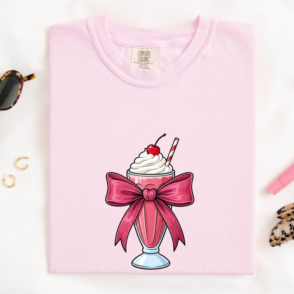 Pink Bow Milkshake Shirt – Cute Coquette Graphic Tee – Retro Diner Milkshake Tee – Sweet Treat Gift