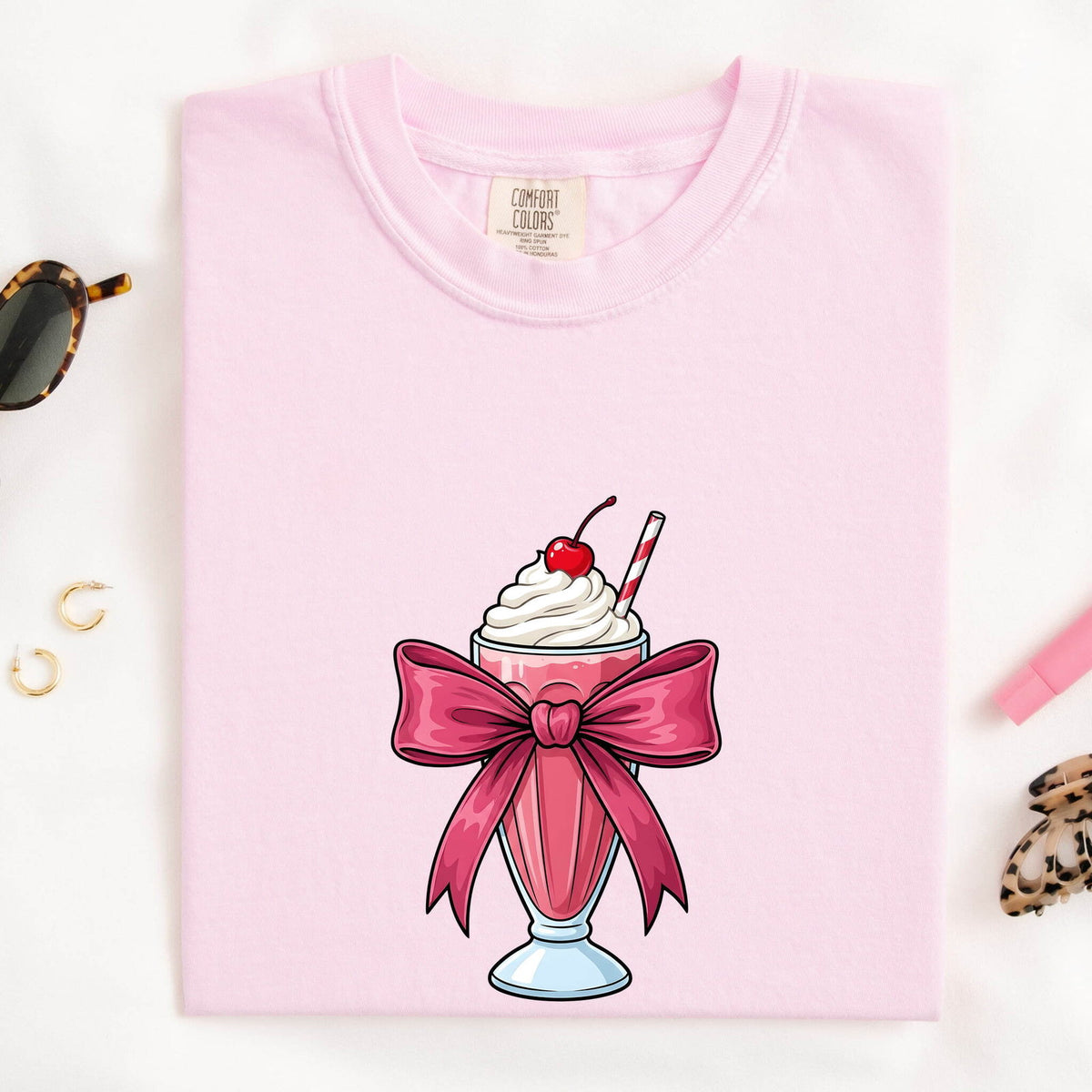 Pink Bow Milkshake Shirt – Cute Coquette Graphic Tee – Retro Diner Milkshake Tee – Sweet Treat Gift