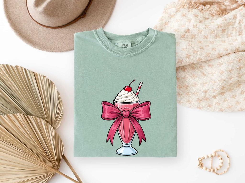 Pink Bow Milkshake Shirt – Cute Coquette Graphic Tee – Retro Diner Milkshake Tee – Sweet Treat Gift