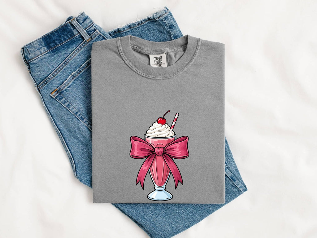 Pink Bow Milkshake Shirt – Cute Coquette Graphic Tee – Retro Diner Milkshake Tee – Sweet Treat Gift
