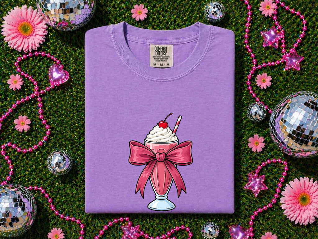 Pink Bow Milkshake Shirt – Cute Coquette Graphic Tee – Retro Diner Milkshake Tee – Sweet Treat Gift