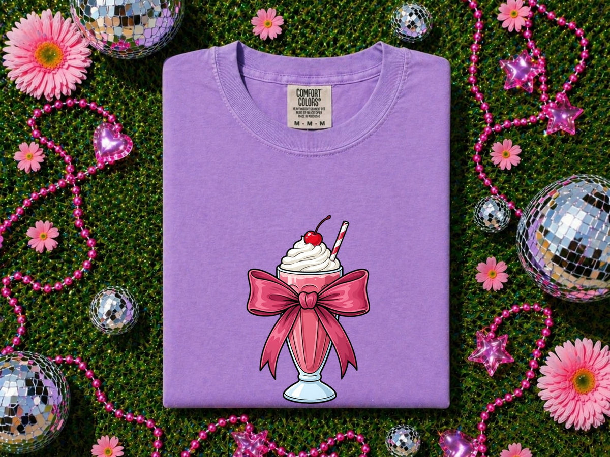 Pink Bow Milkshake Shirt – Cute Coquette Graphic Tee – Retro Diner Milkshake Tee – Sweet Treat Gift