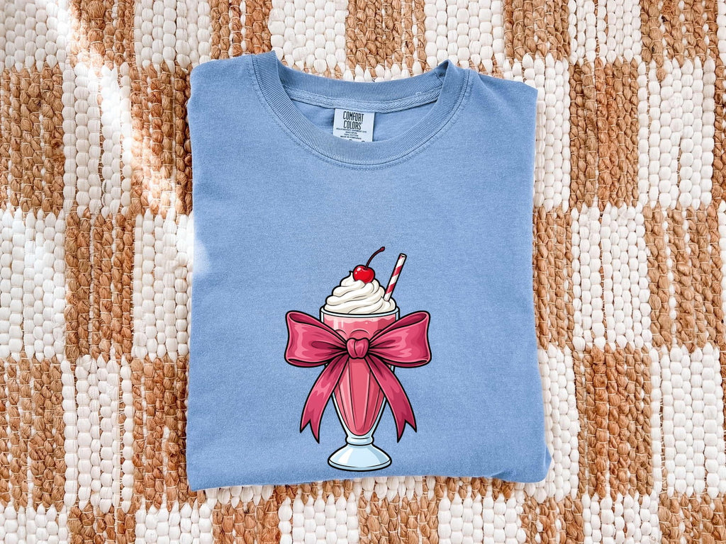 Pink Bow Milkshake Shirt – Cute Coquette Graphic Tee – Retro Diner Milkshake Tee – Sweet Treat Gift