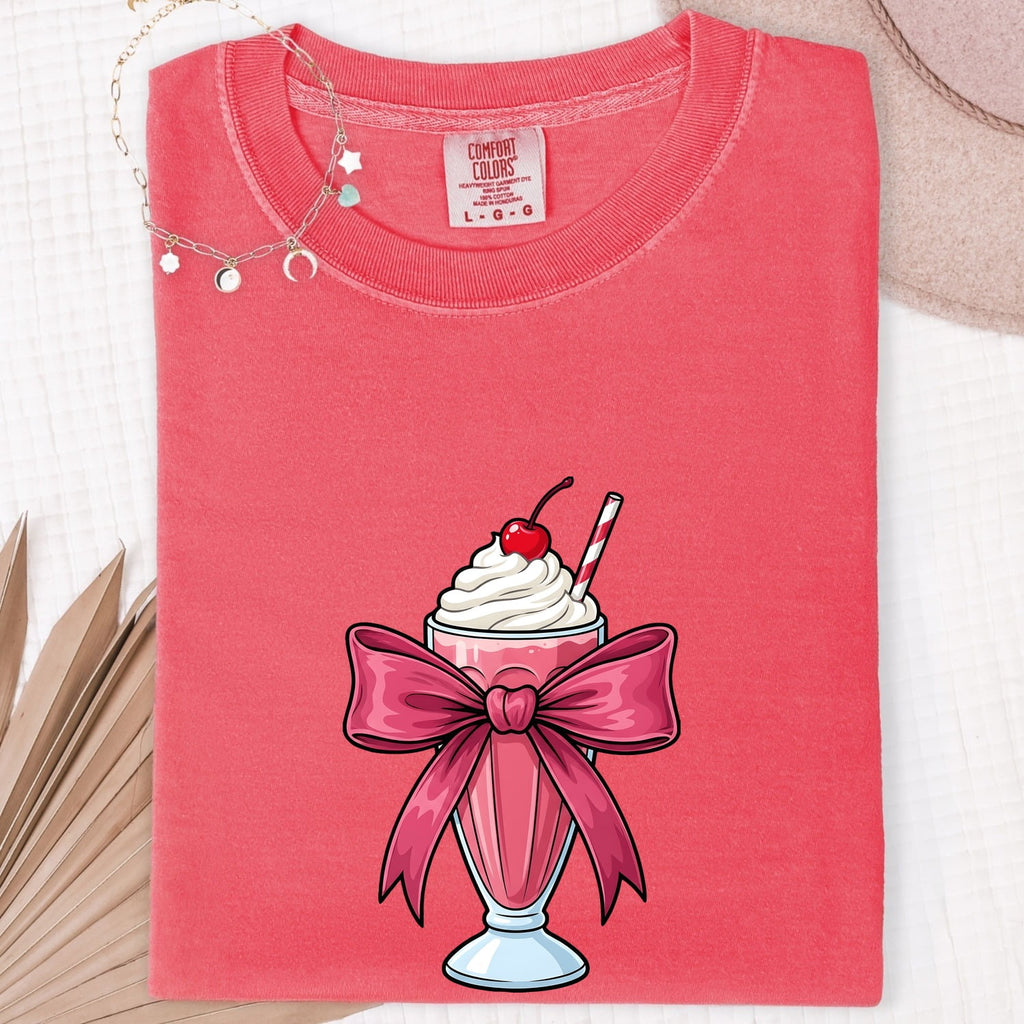 Pink Bow Milkshake Shirt – Cute Coquette Graphic Tee – Retro Diner Milkshake Tee – Sweet Treat Gift
