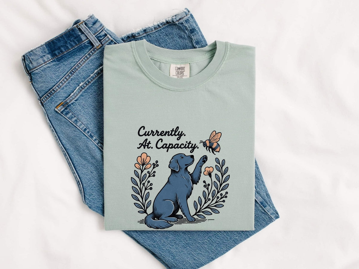 Currently At Capacity Dog Shirt – Funny Dog Lover Tee – Overwhelmed Introvert Tee – Cute Dog & Bee Graphic Shirt