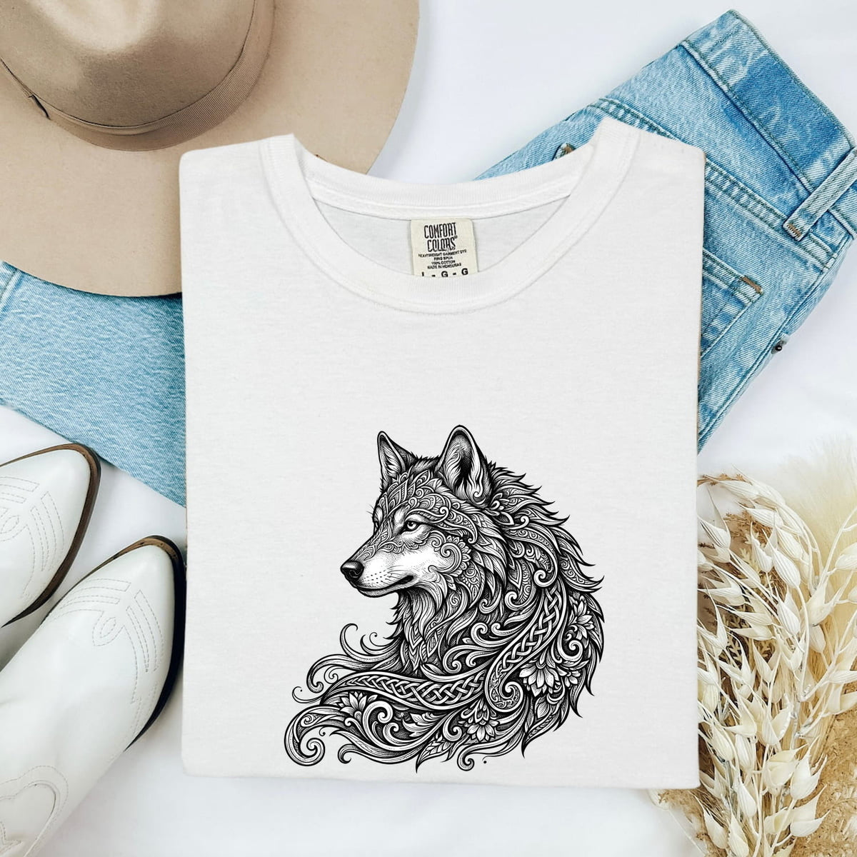 Wolf Graphic Shirt, Ornamental Wolf Tee, Wildlife Lover Tee