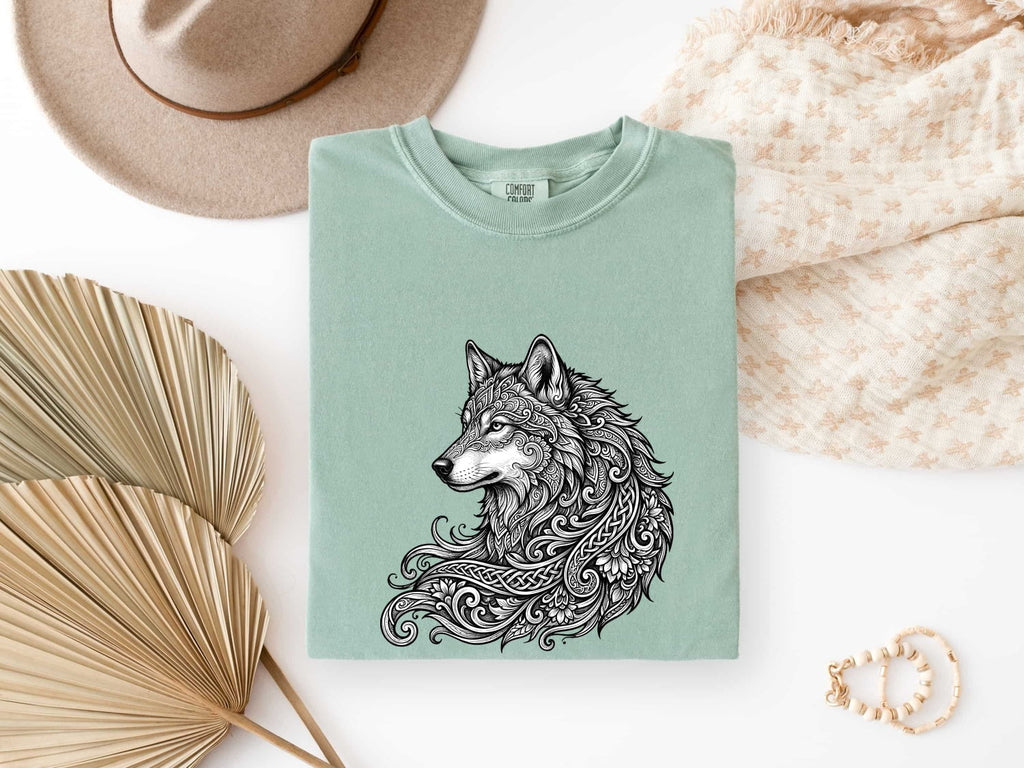 Wolf Graphic Shirt, Ornamental Wolf Tee, Wildlife Lover Tee