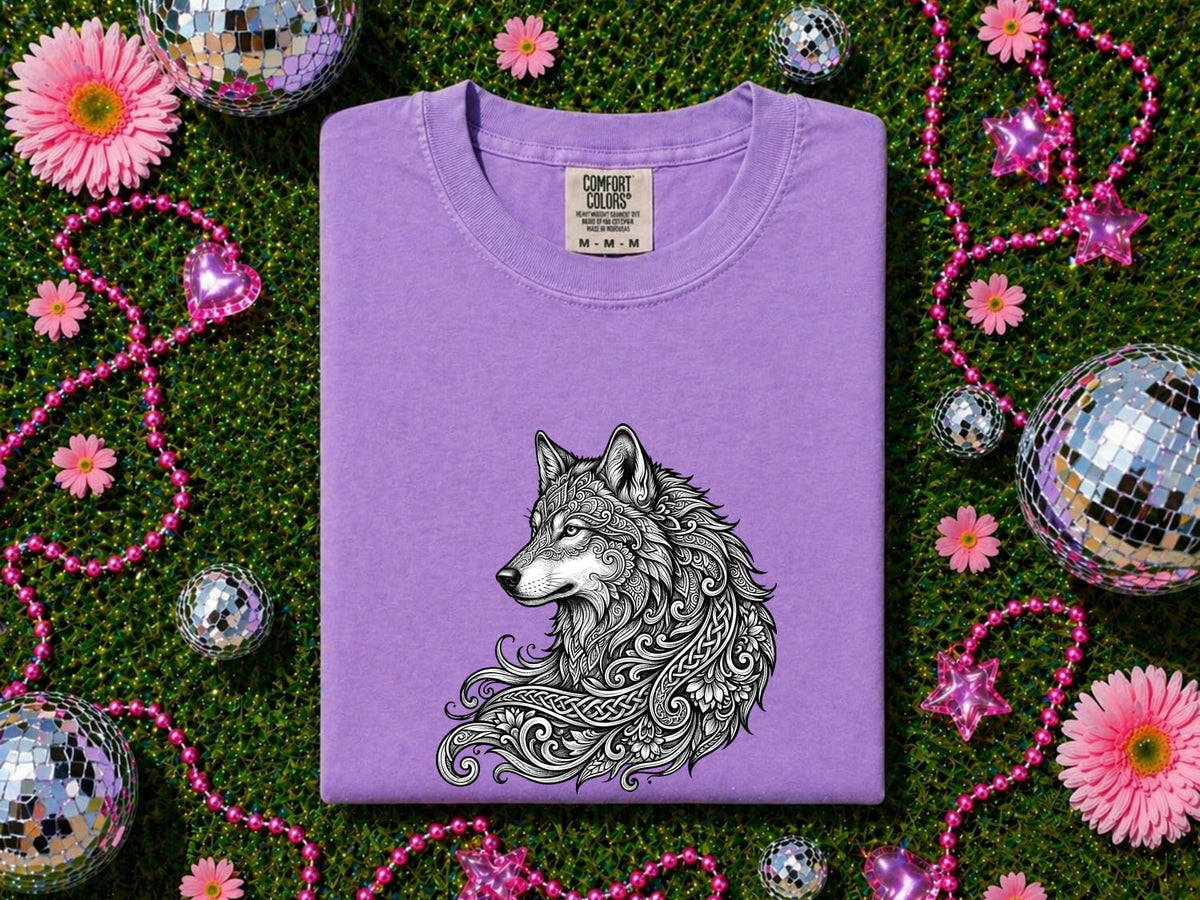 Wolf Graphic Shirt, Ornamental Wolf Tee, Wildlife Lover Tee