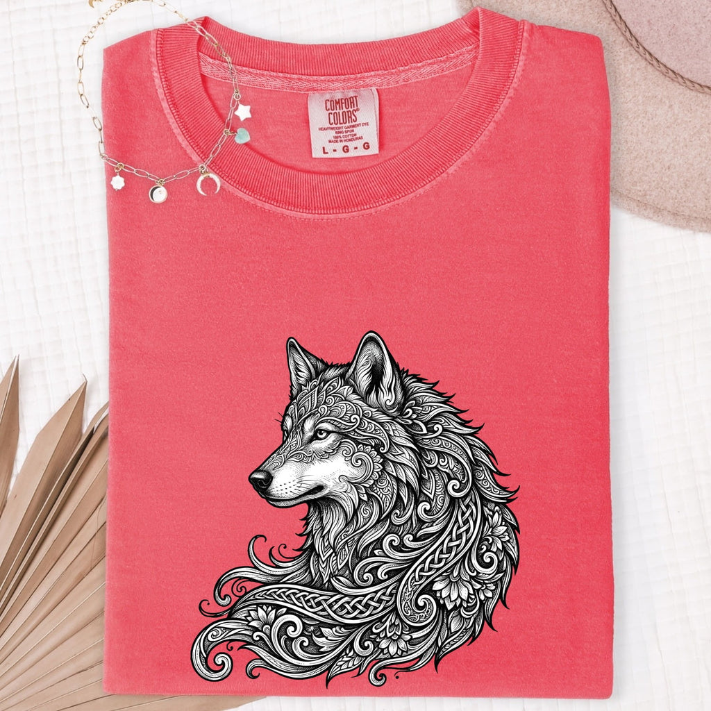 Wolf Graphic Shirt, Ornamental Wolf Tee, Wildlife Lover Tee