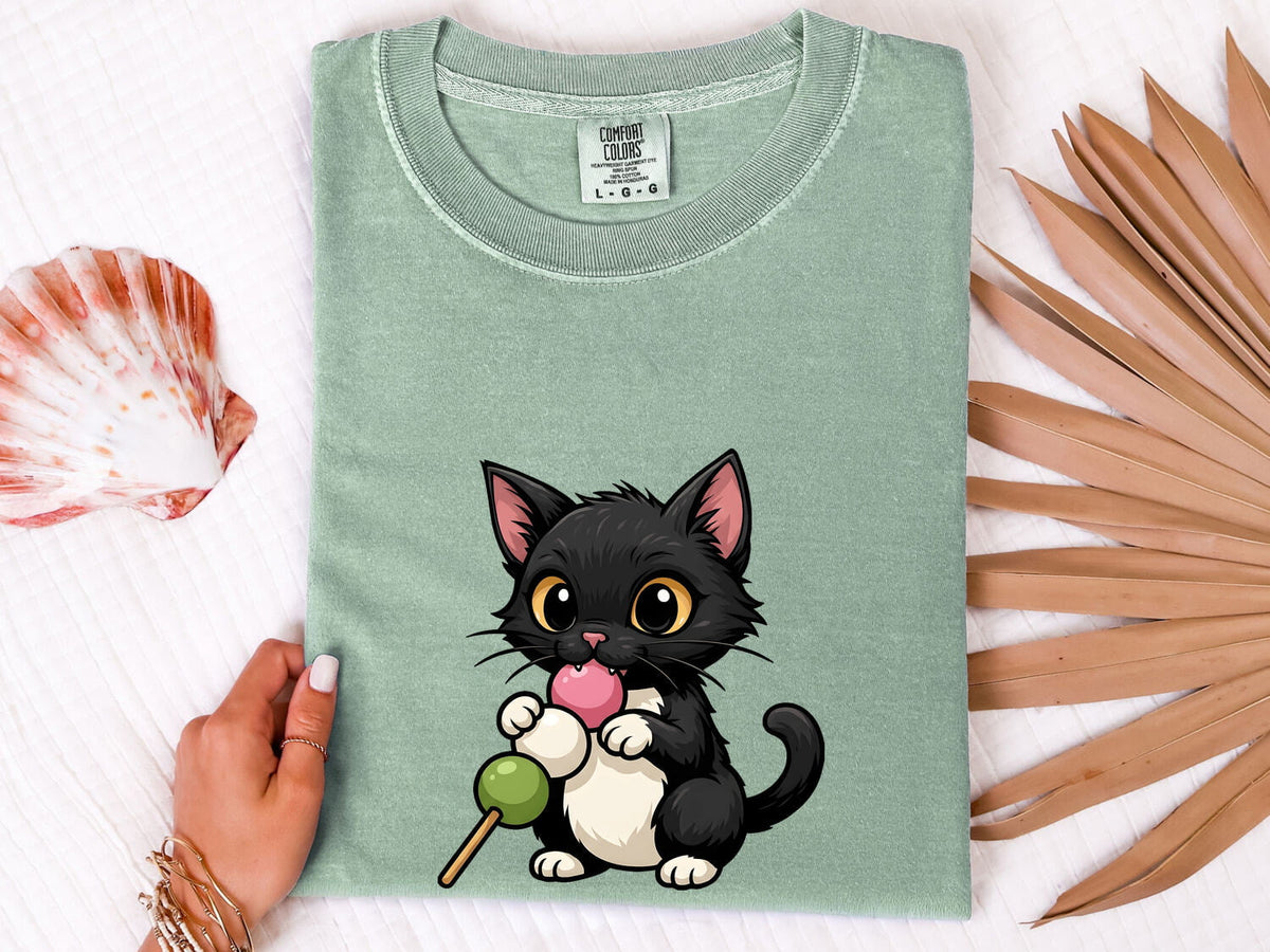 Mochi Cat Shirt – Cute Black Kitten Tee – Kawaii Cat Graphic Tee – Japanese Food Lover Gift – Cat Mom Shirt