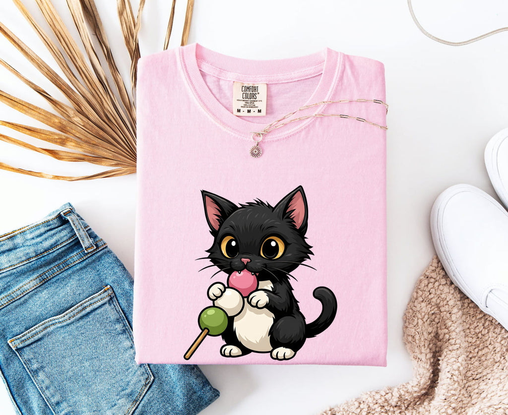 Mochi Cat Shirt – Cute Black Kitten Tee – Kawaii Cat Graphic Tee – Japanese Food Lover Gift – Cat Mom Shirt