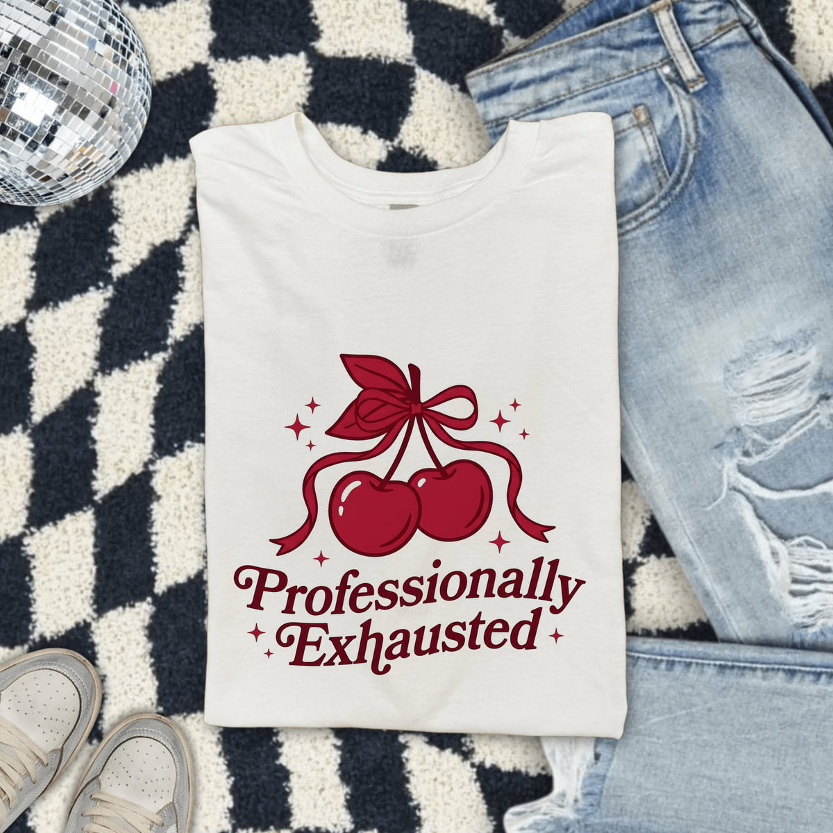Professionally Exhausted Shirt Funny Tired Girl Tee Cherry Bow Graphic Tee Working Woman Gift